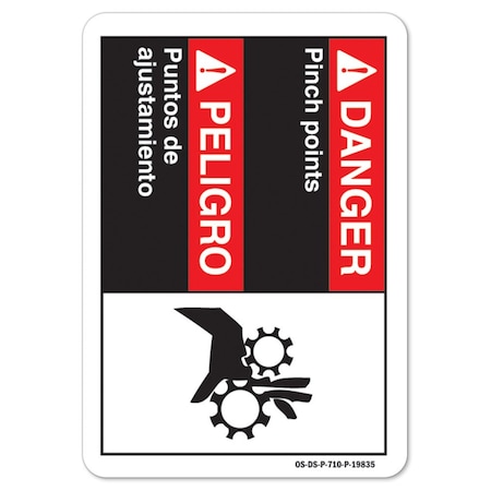 ANSI Danger Sign, Danger Pinch Points, Bilingual Spanish, 10in X 7in Aluminum